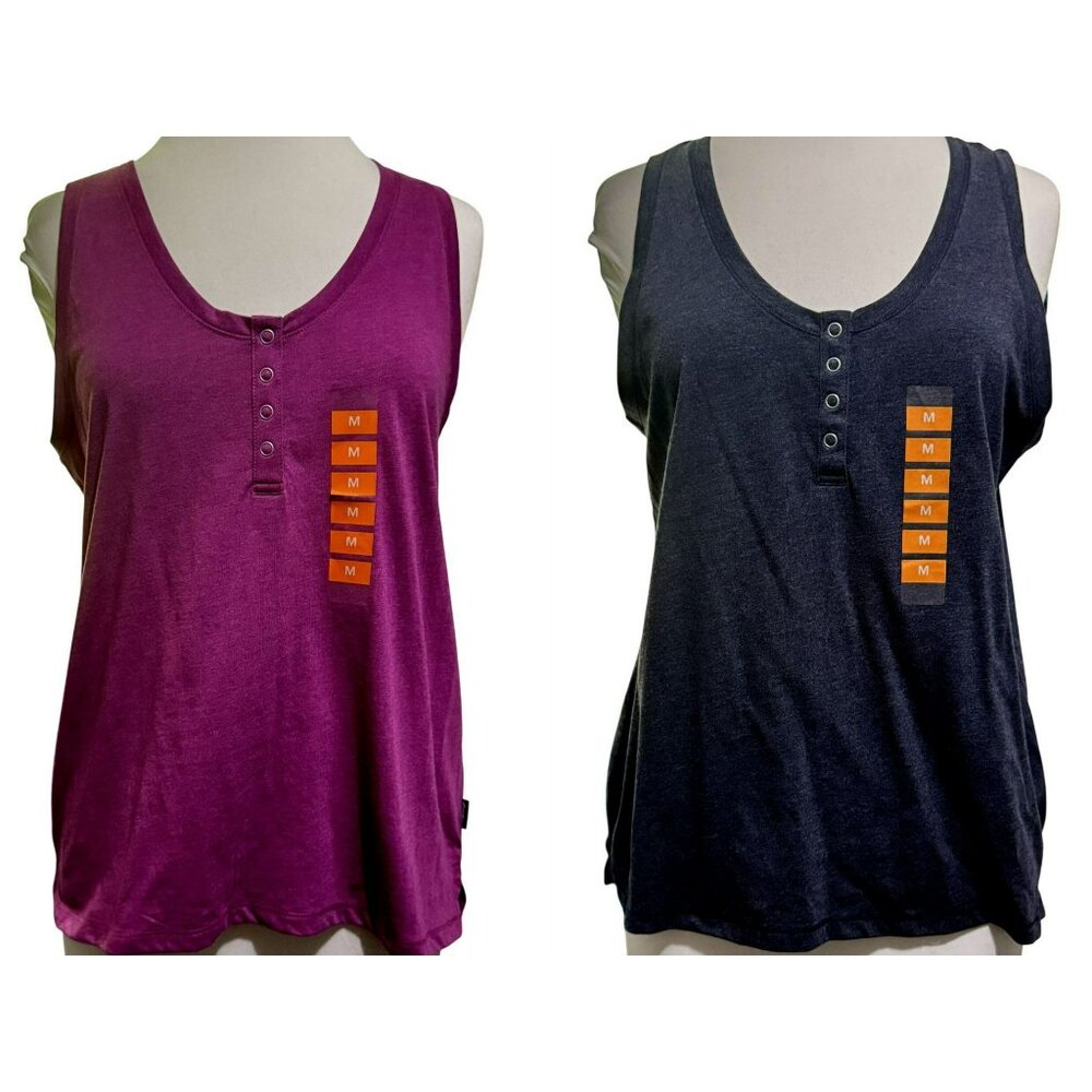 Womens Eddie Bauer Henley Tank Tops Dk Gray Fuschia Snap Front Scoop Neck Sz M
